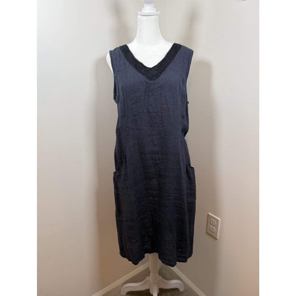 Lina Tomei 100% Linen Made in Italy Navy Blue Shift Dress Womens Size L Boho
